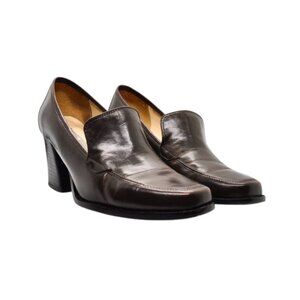 Vintage Leather Loafer Heels | Square Toe Block Heel | Size 7.5